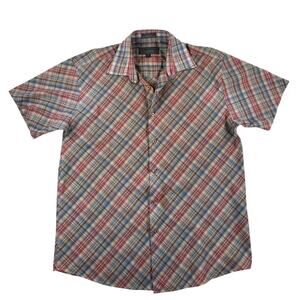 Estate Mens Short Sleeve Button Up Shirt - White Red Blue - Medium 15.5-16